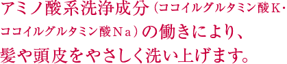 アミノ酸系洗浄成分（ココイルグルタミン酸K・ココイルグルタミン酸Na）の働きにより、髪や頭皮をやさしく洗い上げます。