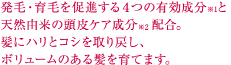 頭皮と髪のエイジングケア髪の「パサつき」「ハリ・ツヤ不足」「抜け毛」が気になる方へ、大人のための薬用スカルプローション。髪にコシとハリを取り戻し、ボリュームのある髪を育てます。