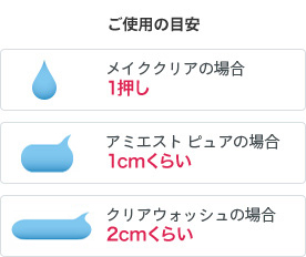 ご使用の目安 メイククリアの場合 1押し/アミエスト ピュアの場合 1cmくらい/クリアウォッシュの場合 2cmくらい