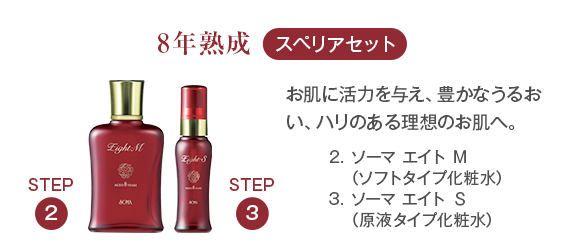 「8年熟成 スペリアセット」お肌に活力を与え、豊かなうるおい、ハリのある理想のお肌へ。ソーマ エイト Ｍ（ソフトタイプ化粧水） ソーマ エイト Ｓ（原液タイプ化粧水）